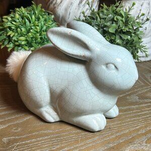NEW! Cottage Farmhouse Tiffany Blue Ceramic Easter Bunny Rabbit Faux Fur Tail